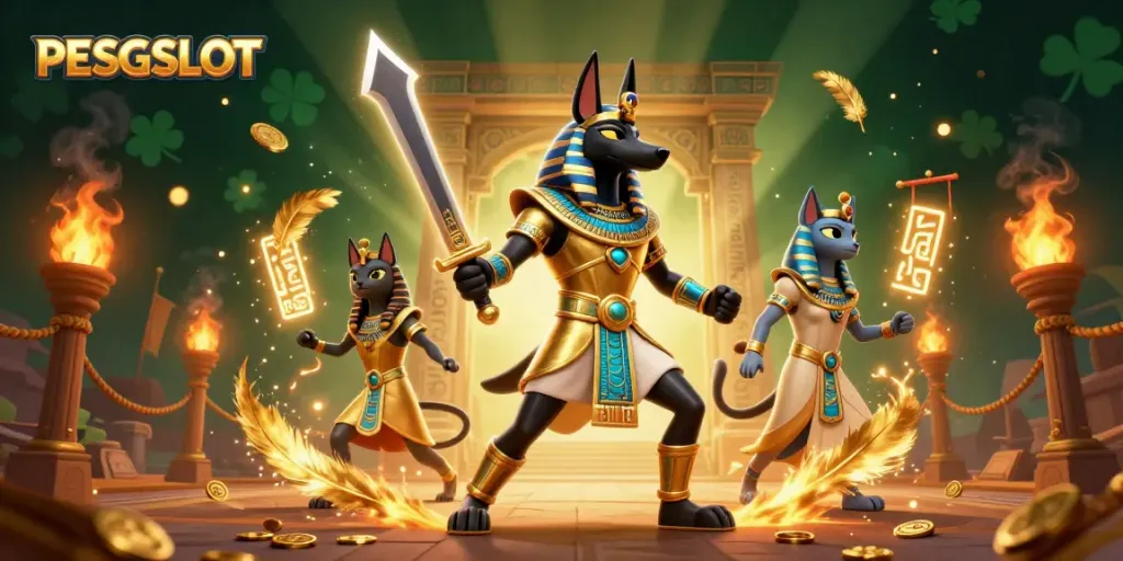 PESGSLOT showcases thrilling gameplay with ancient Egyptian warrior Anubis and priestess Bastet amidst vibrant casino elements.