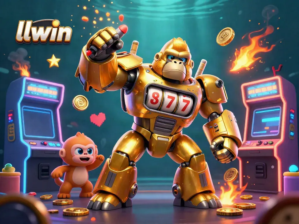 Spin to win with llwin's immersive slot machine experience featuring vibrant 3D elements and a gorilla mech.