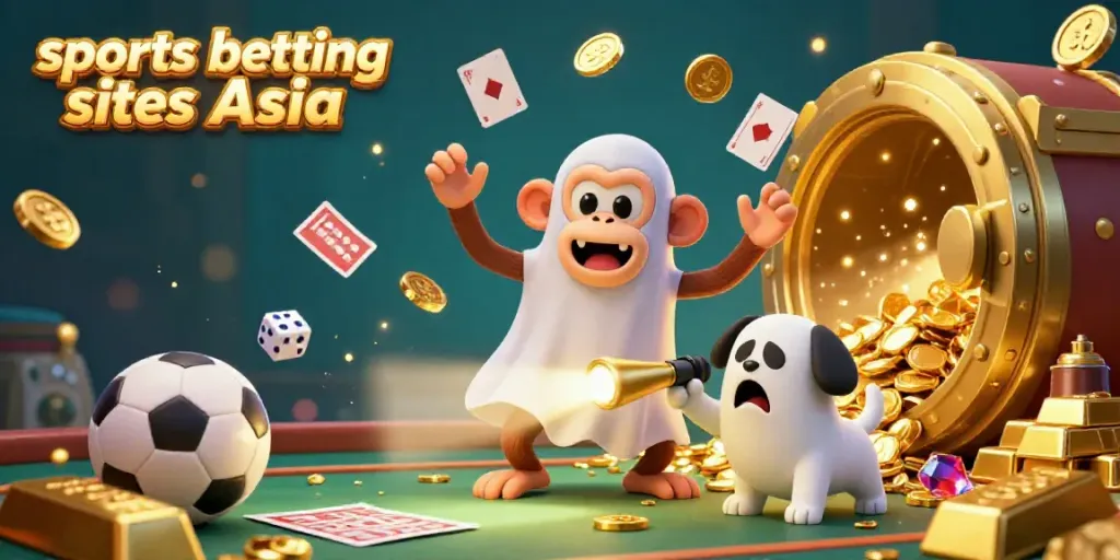 Engage with top sports betting sites Asia as a poltergeist monkey juggles golden betting elements in a lively casino.