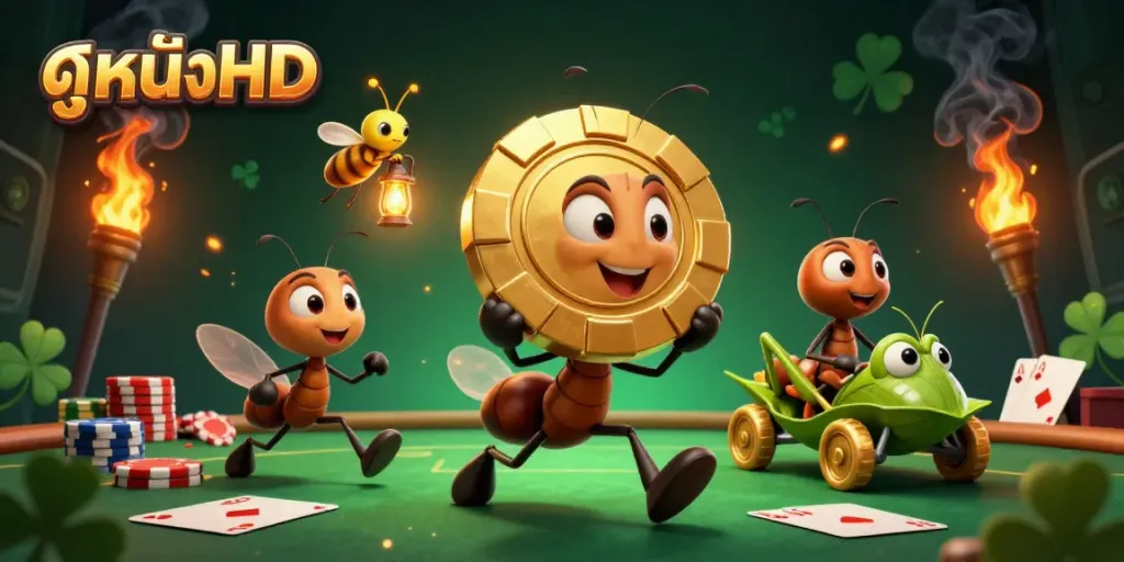 Experience ดูหนังHD with a dynamic scene of cartoon ants in a poker heist, featuring vibrant casino elements.