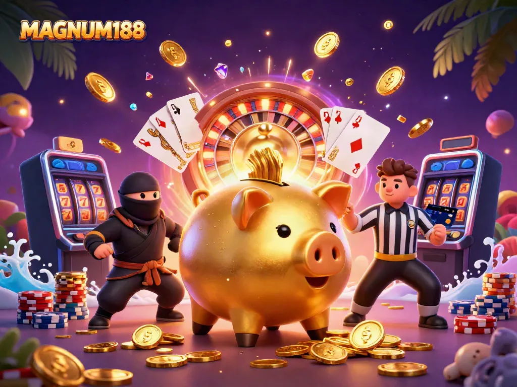 Experience the excitement of MAGNUM188 with a vibrant 3D scene of gaming characters and elements.