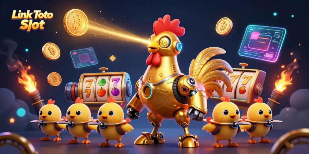 Link Toto Slot menampilkan ilustrasi slot jackpot dengan robot ayam yang memancarkan cahaya berkilau.