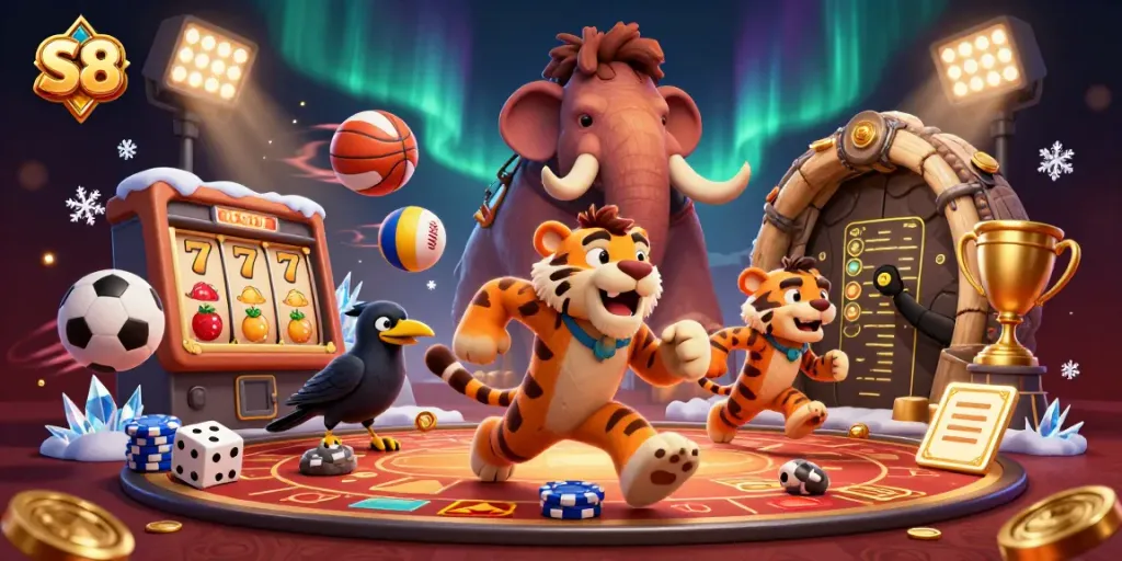 Experience vibrant gameplay with S8 in this dynamic casino scene featuring lively characters.