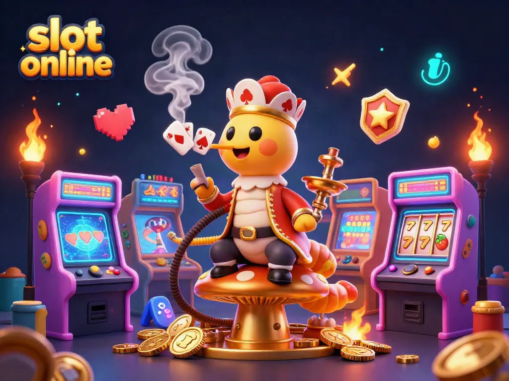 Permainan slot online menampilkan simbol, jackpot, dan taruhan emas dalam ilustrasi 3D.