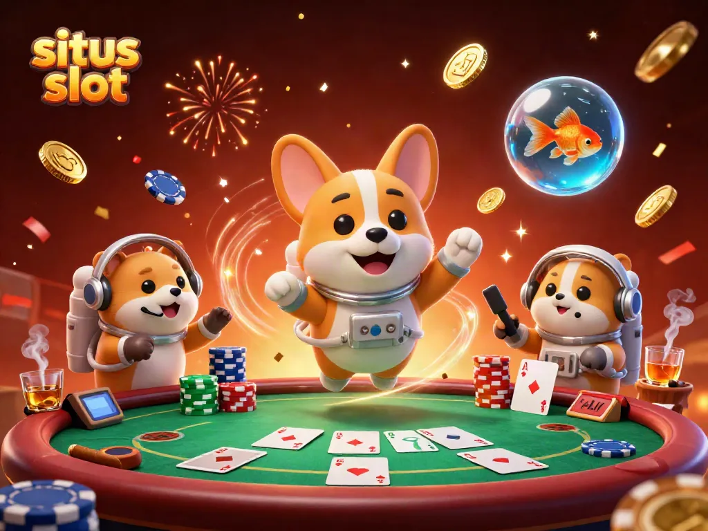 Gambar situs slot yang menggambarkan astronot corgi dan tikus kontrol misi dalam kasino luar angkasa.