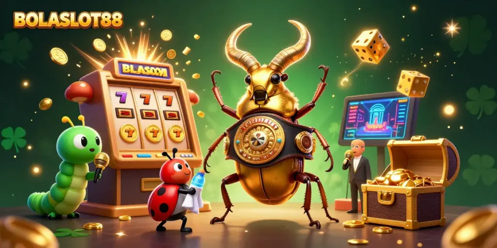 BOLASLOT88 showcases a vibrant gambling scene featuring a golden stag beetle champion and dynamic casino elements.
