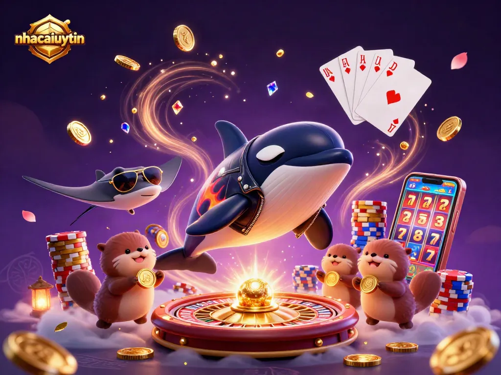 Join the excitement of nhacaiuytin with a dynamic casino scene featuring animated characters and vibrant gambling elements.