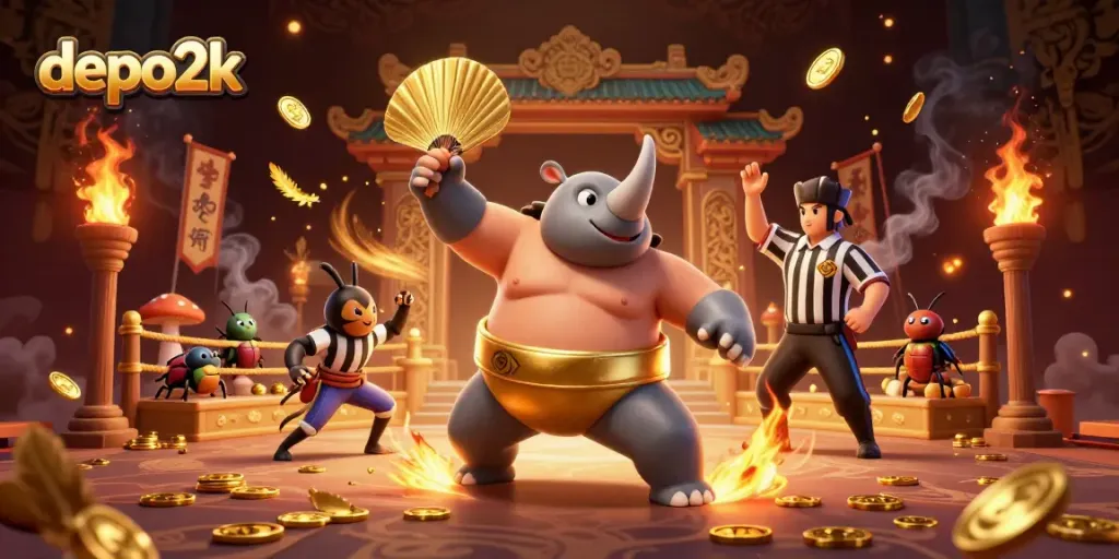 depok2 showcases a lively casino battle scene with a beetle champion and cheering spectators.