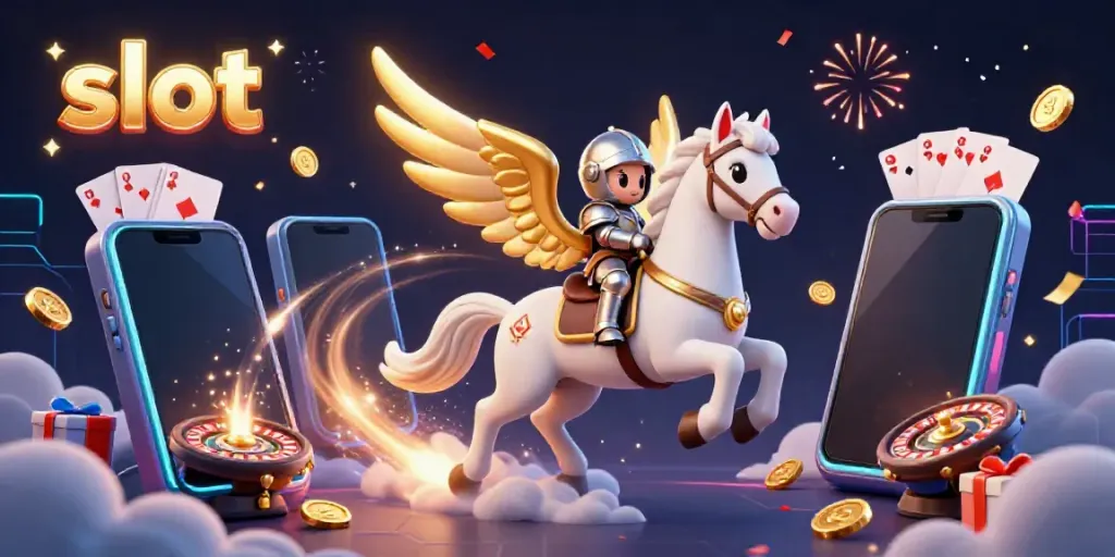 Slot menampilkan seorang ksatria berarmor menunggang kuda bintang dalam dunia slot yang meriah.