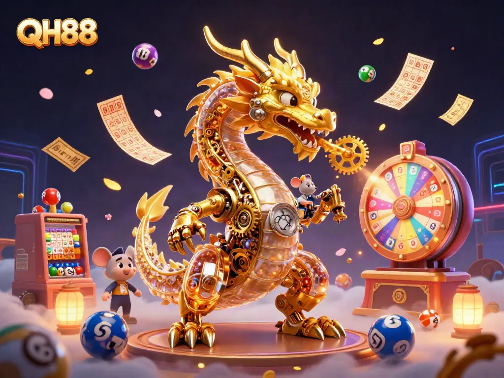 Engage with the thrilling QH88 gaming experience featuring a striking biomechanical dragon and lively lottery elements.