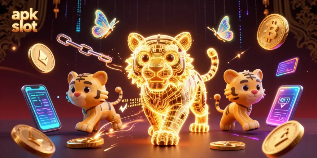 Spin the reels with apk slot in this vibrant casino digital landscape featuring a neon tiger.