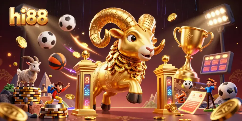 Experience thrilling bets at hi88 with a golden ram charging through a dynamic sports scene.