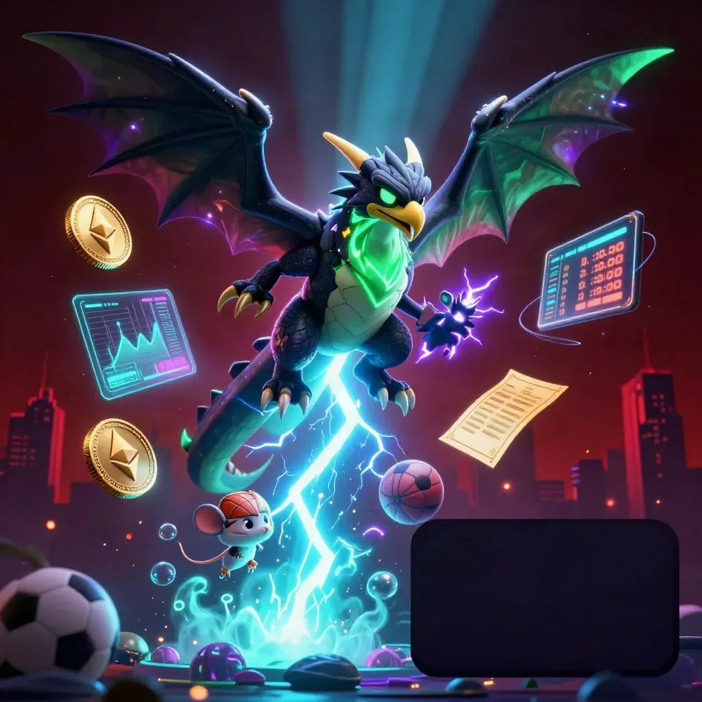 Thunder dragon, hawk, and mouse amid neon coins, lightning, and casino energy.
