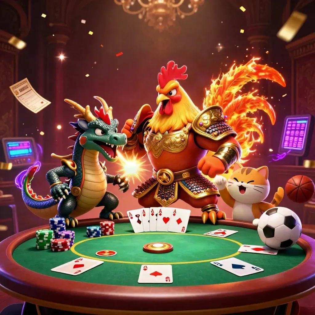 Rooster warrior, dragon hatchling and fortune cat amid casino chips, cards and flying sports balls.