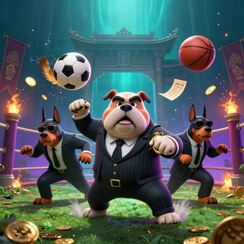 Bulldog boss and two Dobermans amid flying balls, coins, torches, and a temple gate glow.