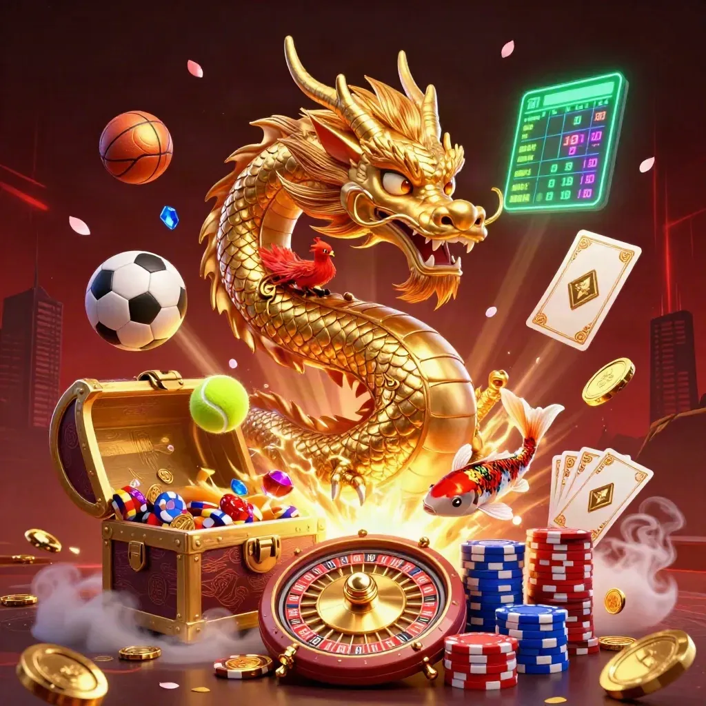 Golden dragon and phoenix amid casino symbols, coins, balls, chips, and neon red-black haze.