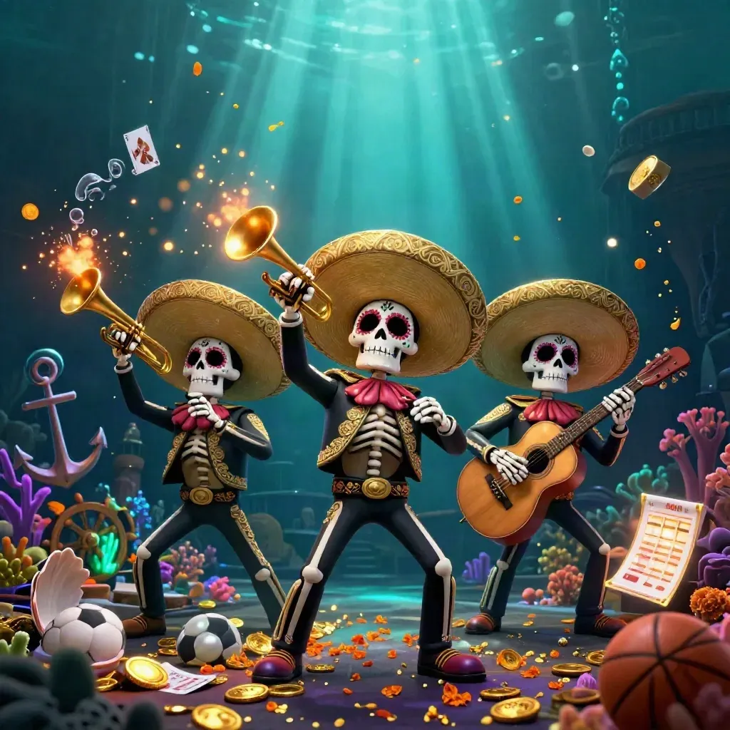 Three skeleton mariachi musicians glowing underwater with coins, coral, sports props and treasure.
