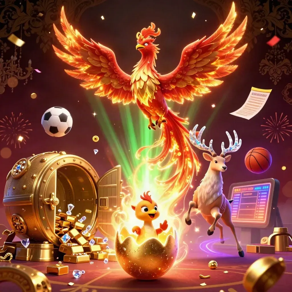 Phoenix, hatching egg, and crystal stag amid gold vault treasure and sports balls in neon casino light