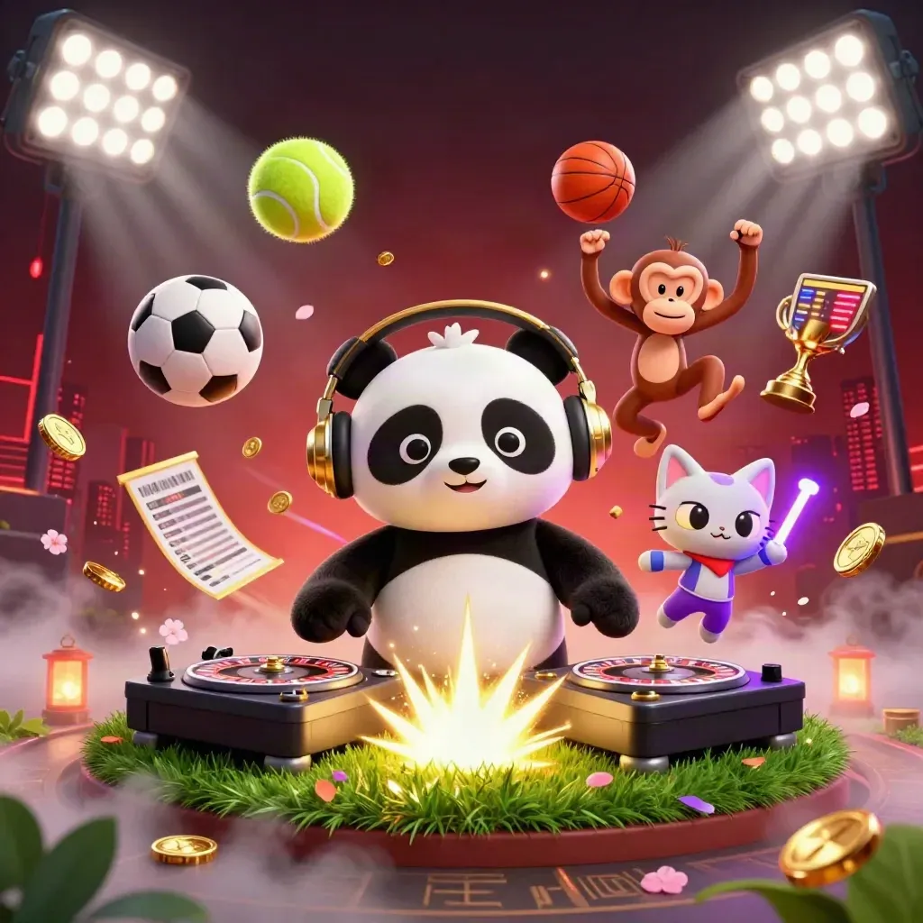 DJ panda, monkey, and glow-stick kitten amid flying sports balls and casino lights