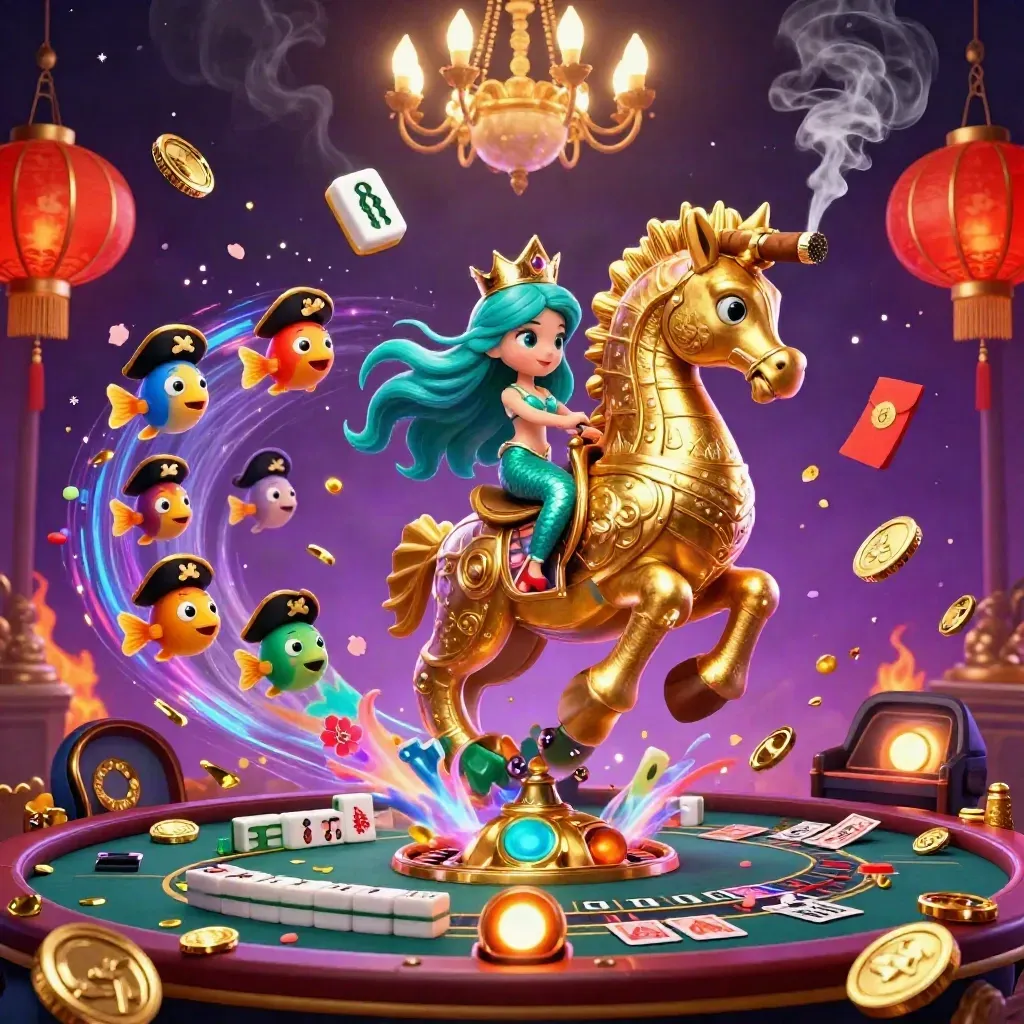 Mermaid princess on a seahorse amid casino lanterns, jade coins, cards, and neon purple-gold magic.