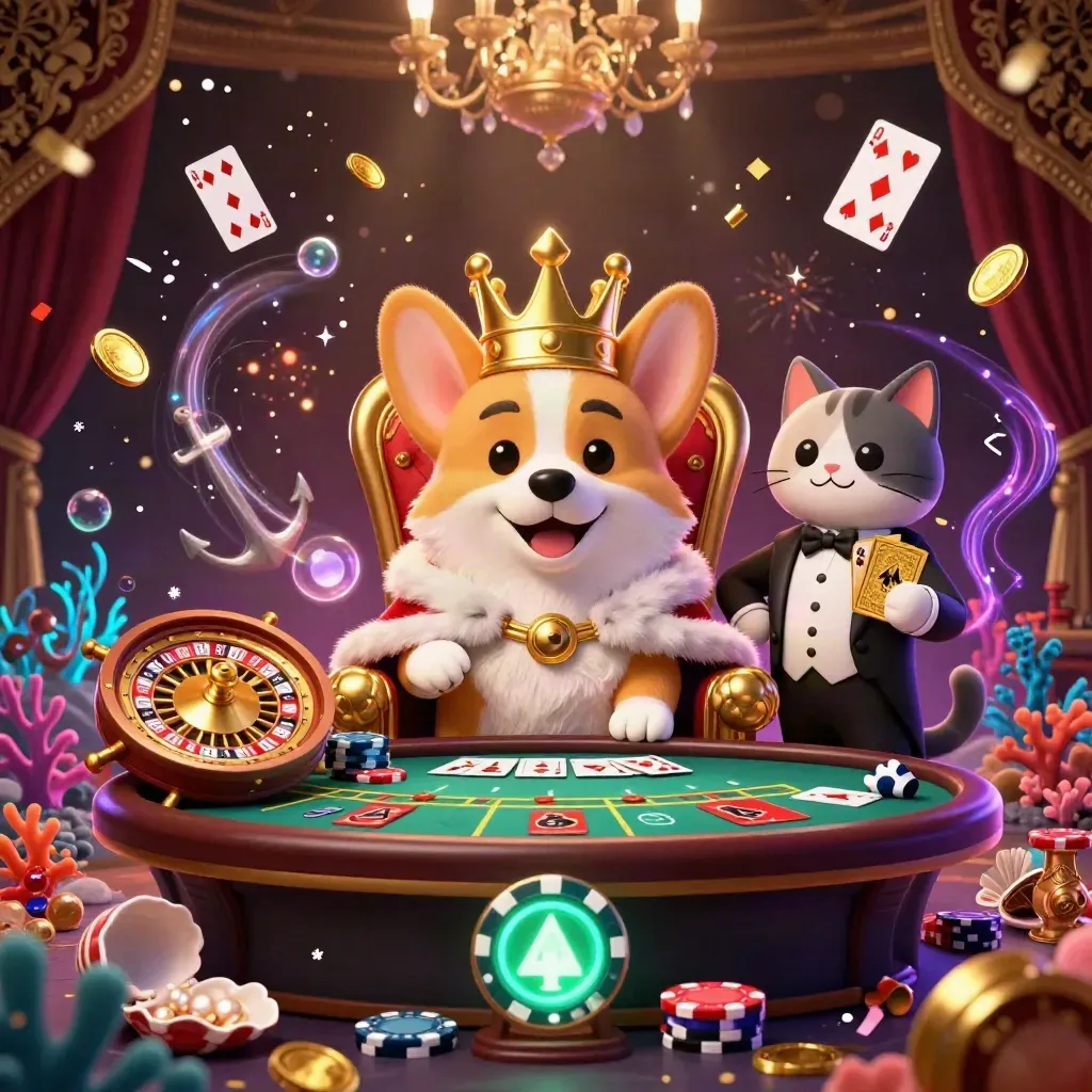 Royal corgi and cat butler in a neon casino treasure cove with gold coins, fireworks, and glowing cards.