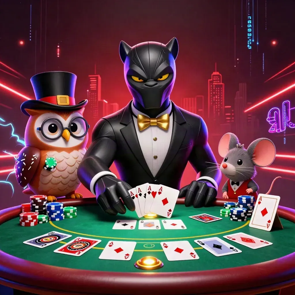 Panther, owl, and mouse at a neon casino table with chips, cards, and a spinning roulette wheel.