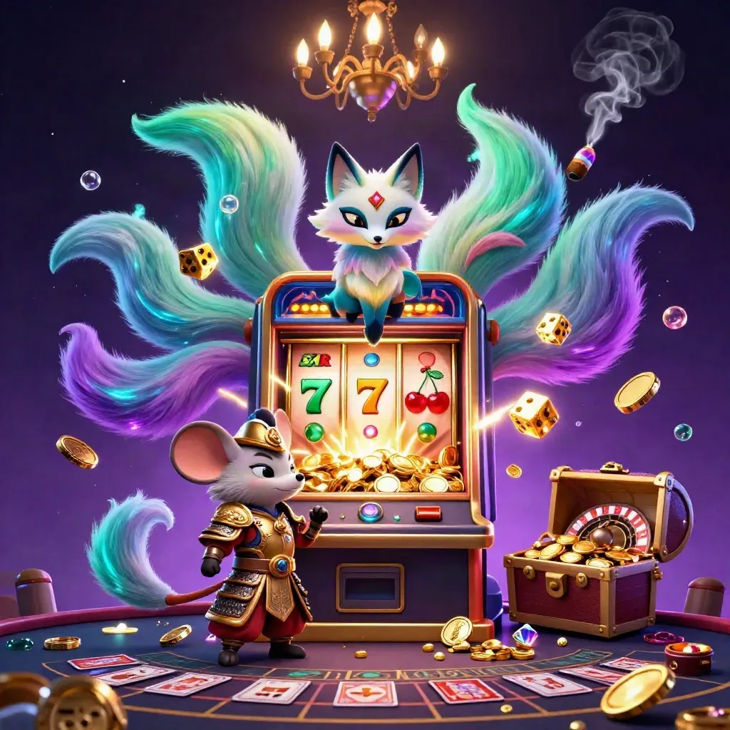 Nine-tailed fox spirit and gold-armored mouse in a neon casino storm of slot symbols and treasure