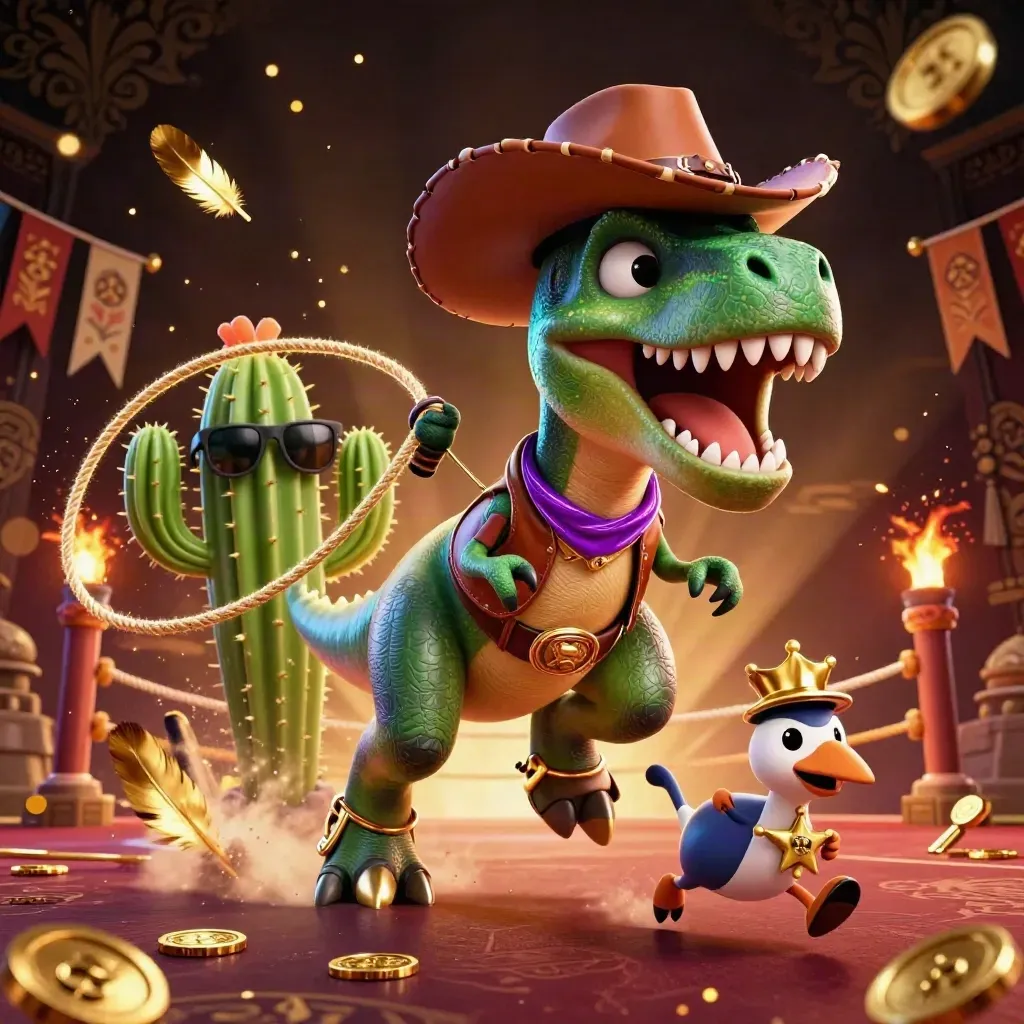 Cowboy T-Rex, cactus sidekick, and roadrunner amid neon-green casino treasures and temple ruins.