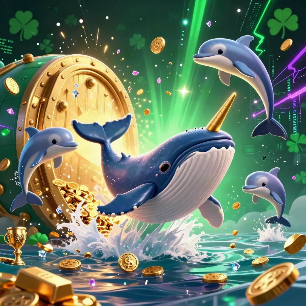Neon whale captain, narwhal, and dolphins burst through coins before a glowing vault.