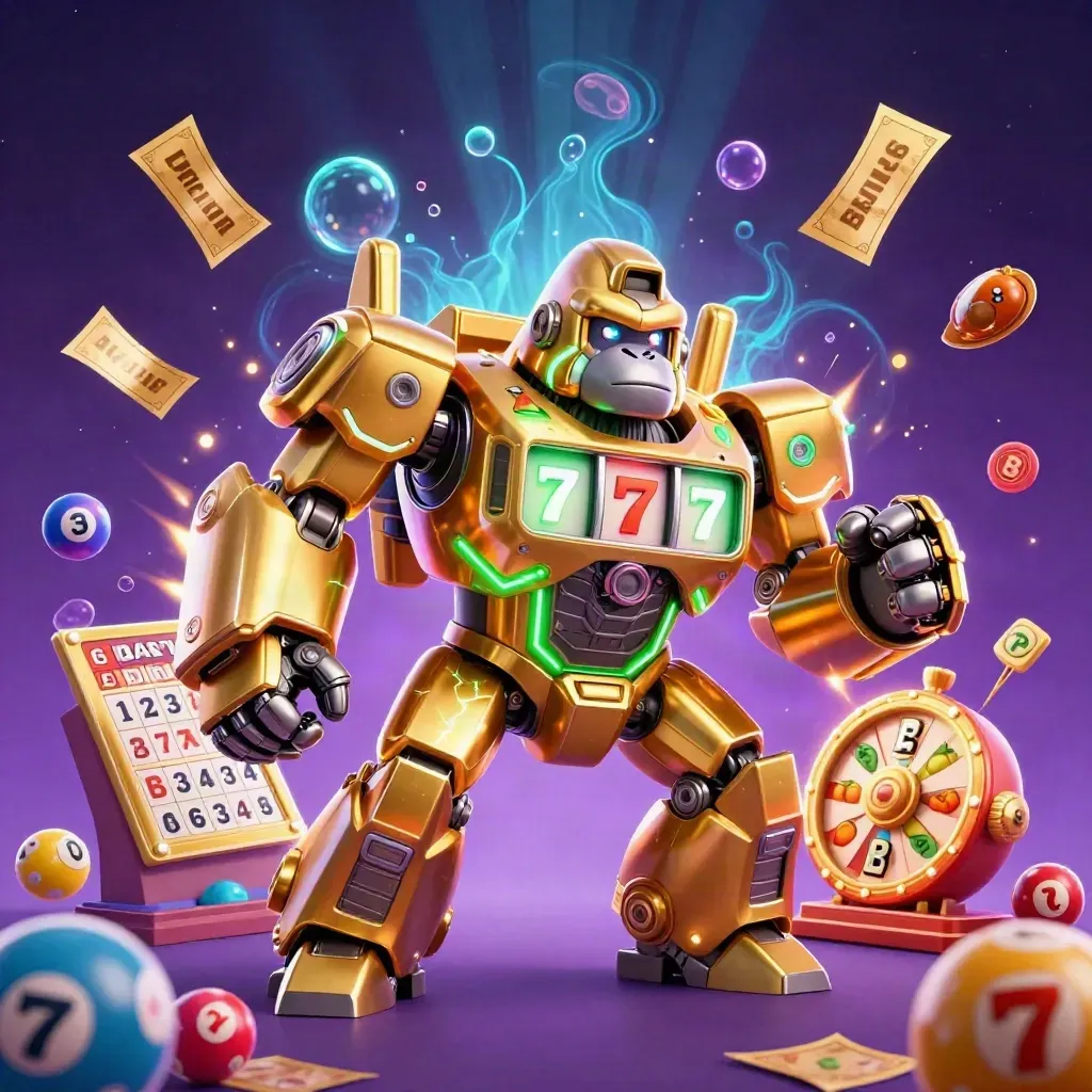 Golden gorilla mech and monkey pilot amid slot prizes, balls, and neon casino energy.