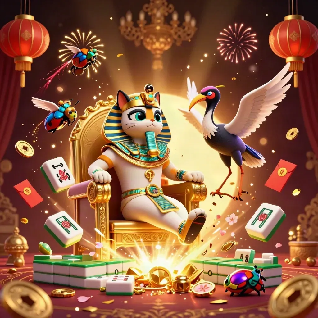 Pharaoh cat, ibis scribe, and gem-wing scarabs burst treasure in a neon casino vault.