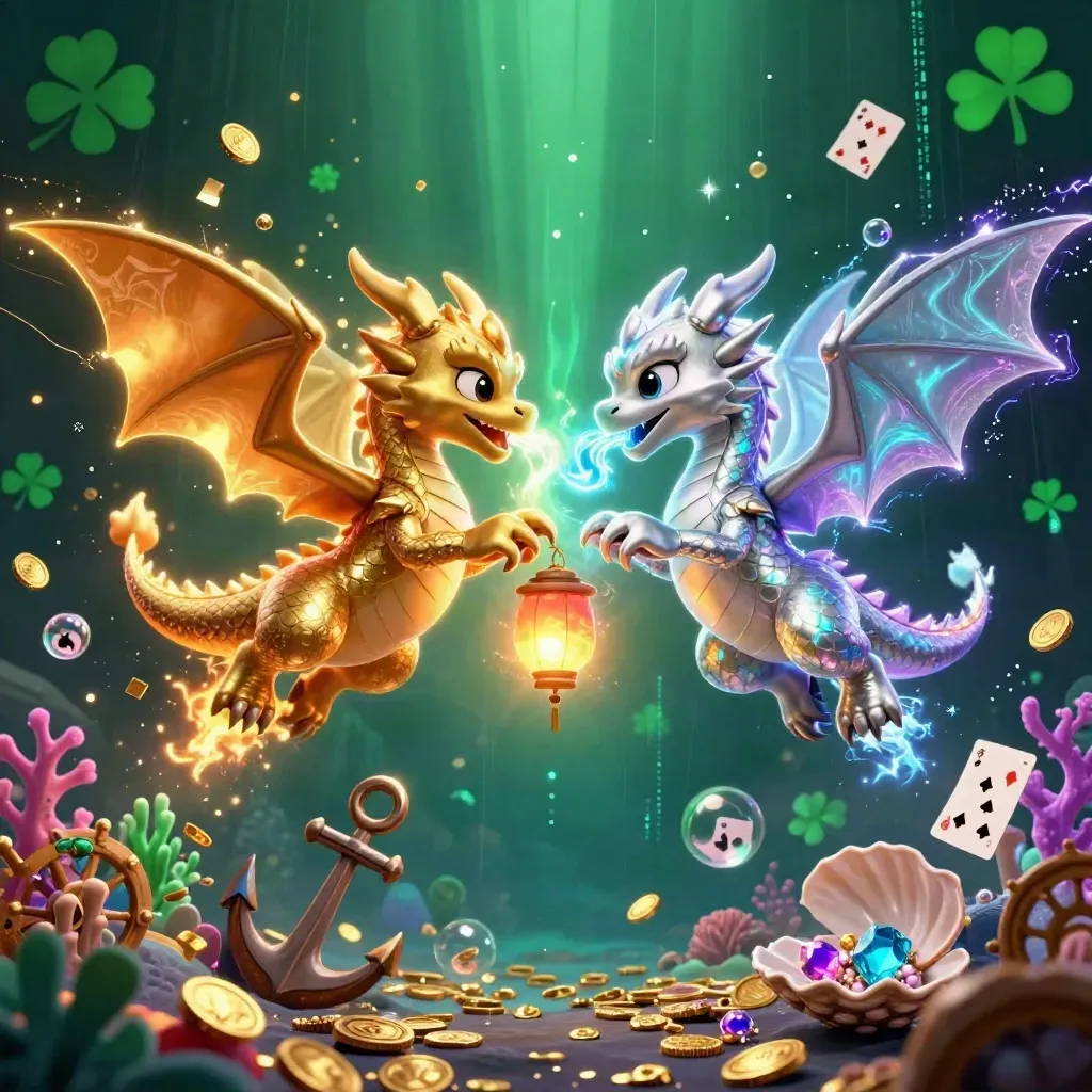 Twin gold and silver dragons with a lantern spirit amid treasure, coral, coins, and glowing energy.