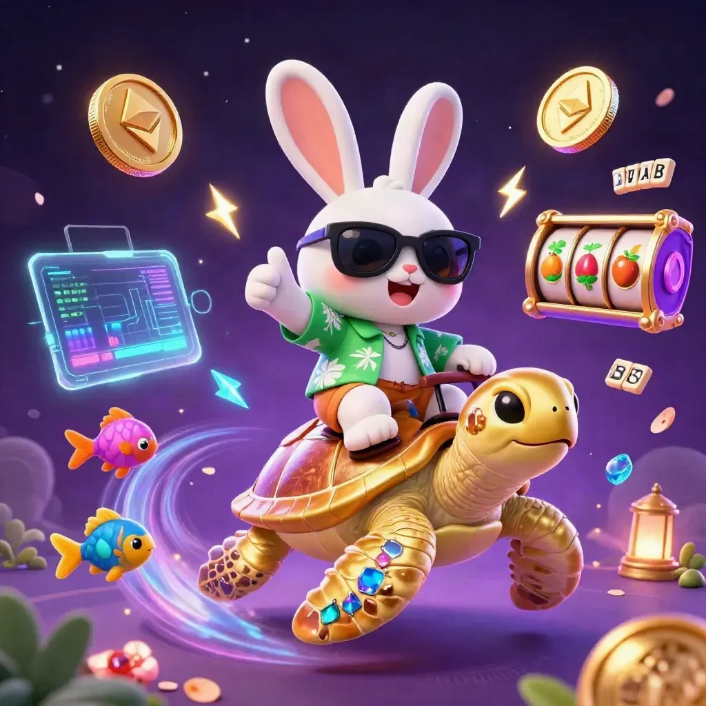 Rabbit rides a gold sea turtle amid neon crypto coins, lightning, and casino magic