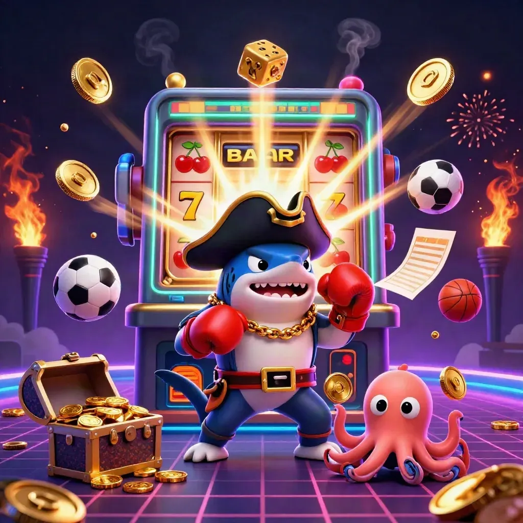 Pirate shark, boxing pufferfish and coin-juggling octopus amid slot-machine jackpot fireworks.