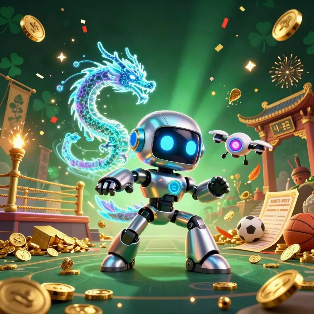 Cyberpunk robot, holographic dragon and coin drone amid casino treasure, fireworks and neon glow.