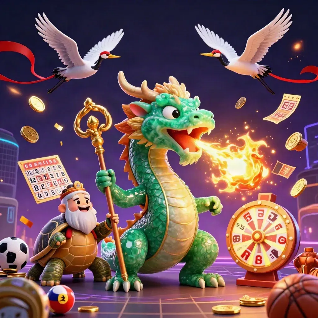 Neon casino tile with dragon, turtle sage, cranes, coins, fireworks, and jackpot game icons.