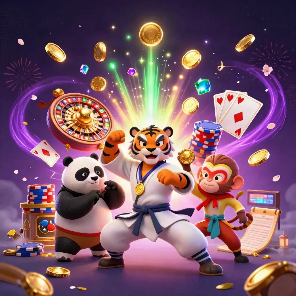 Tiger, panda, and monkey celebrate amid coins, gems, chips, and neon casino effects.
