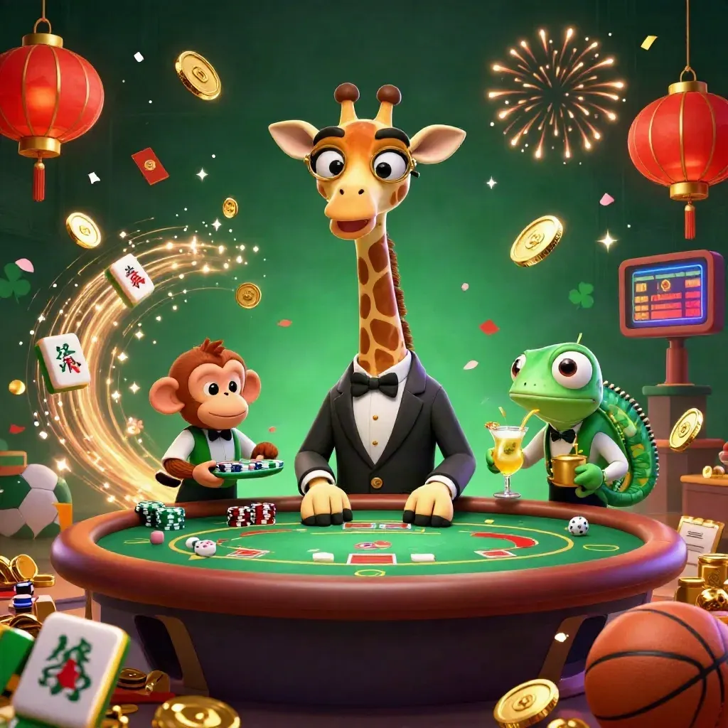 Luxury casino giraffe, monkey, and chameleon amid coins, lanterns, fireworks, and sports betting icons.