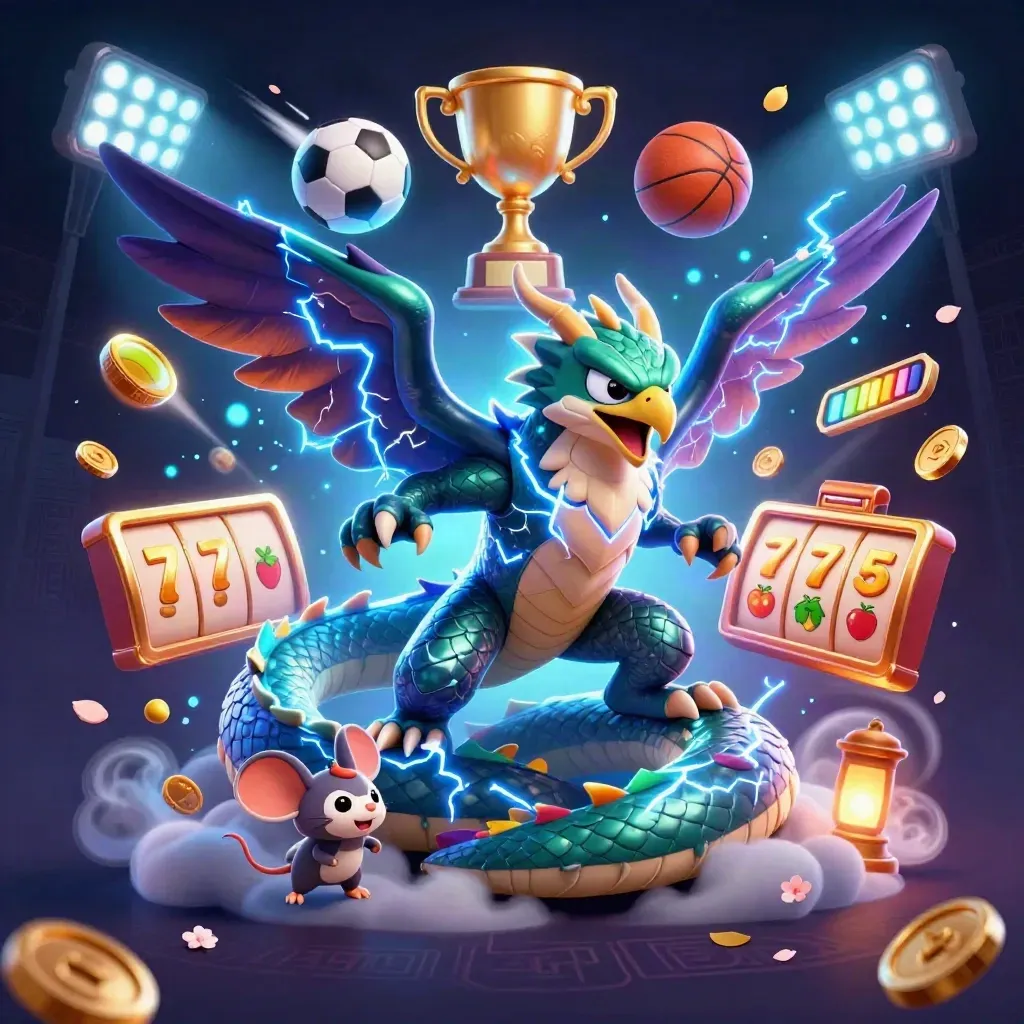 Thunder dragon, wind hawk, and crackling mouse amid casino sports and slot effects, neon-lit