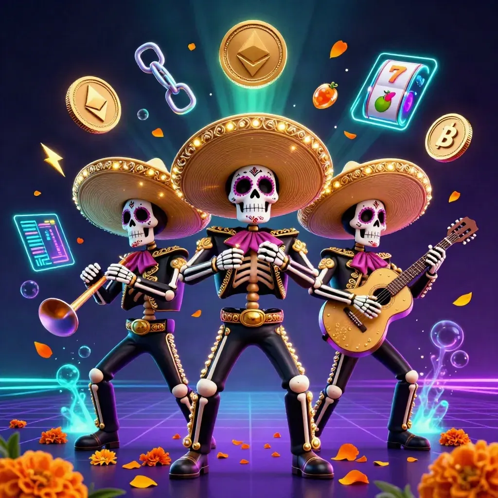 Three skeleton mariachi musicians amid neon coins, reels, lightning, and glowing casino effects.