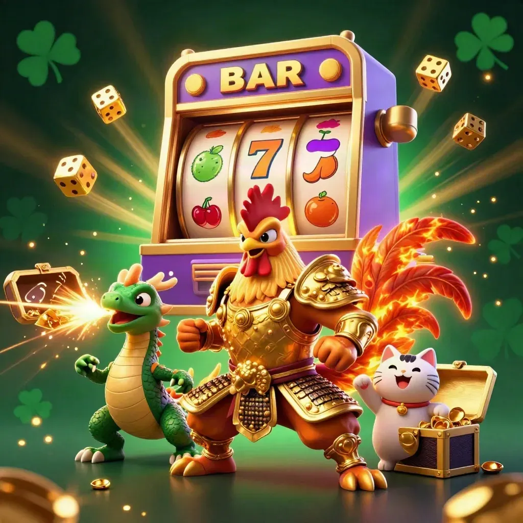 Rooster warrior, dragon hatchling, and fortune-cat amid exploding slots and gold