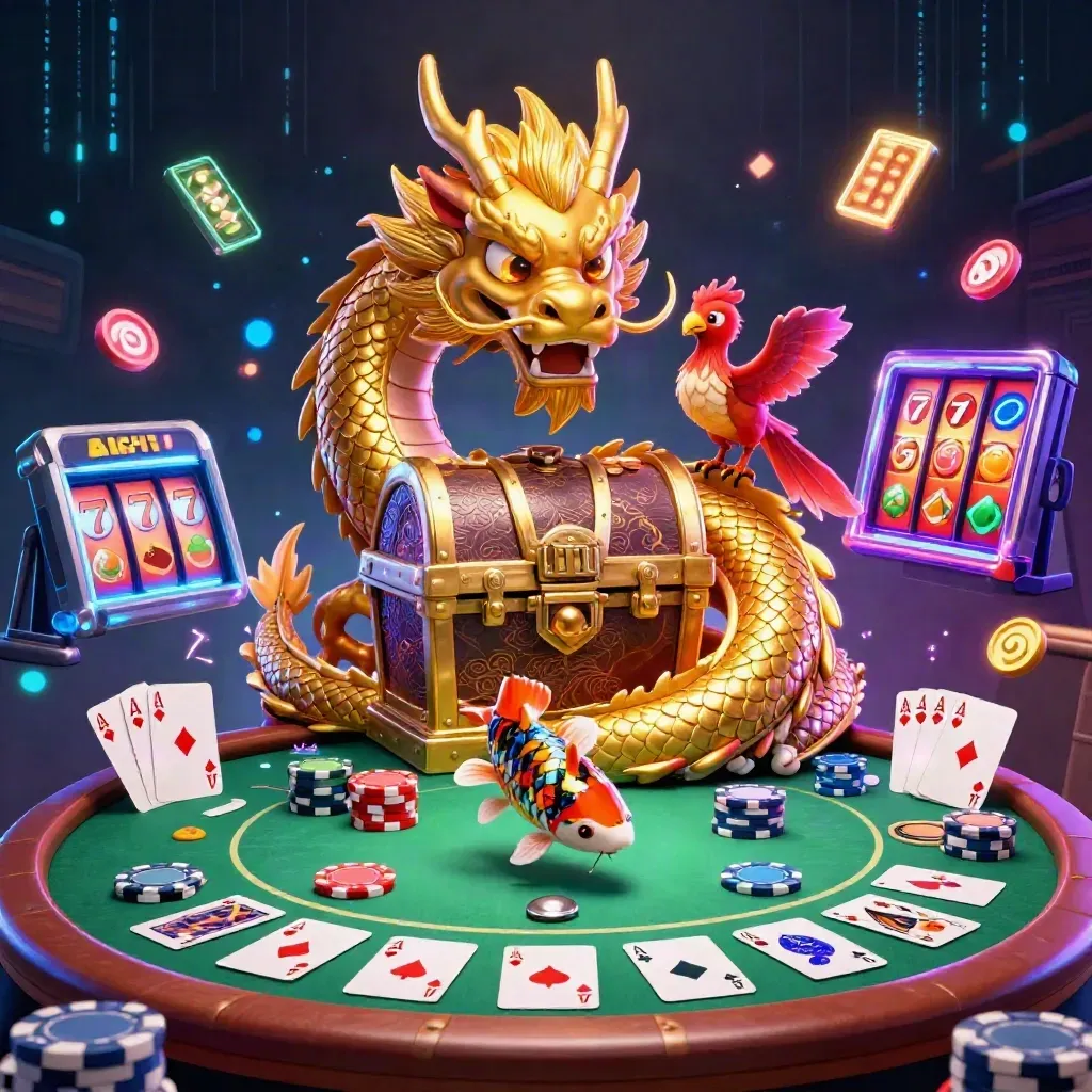 Golden dragon, phoenix, koi and casino elements in neon-lit AAA mobile key art.