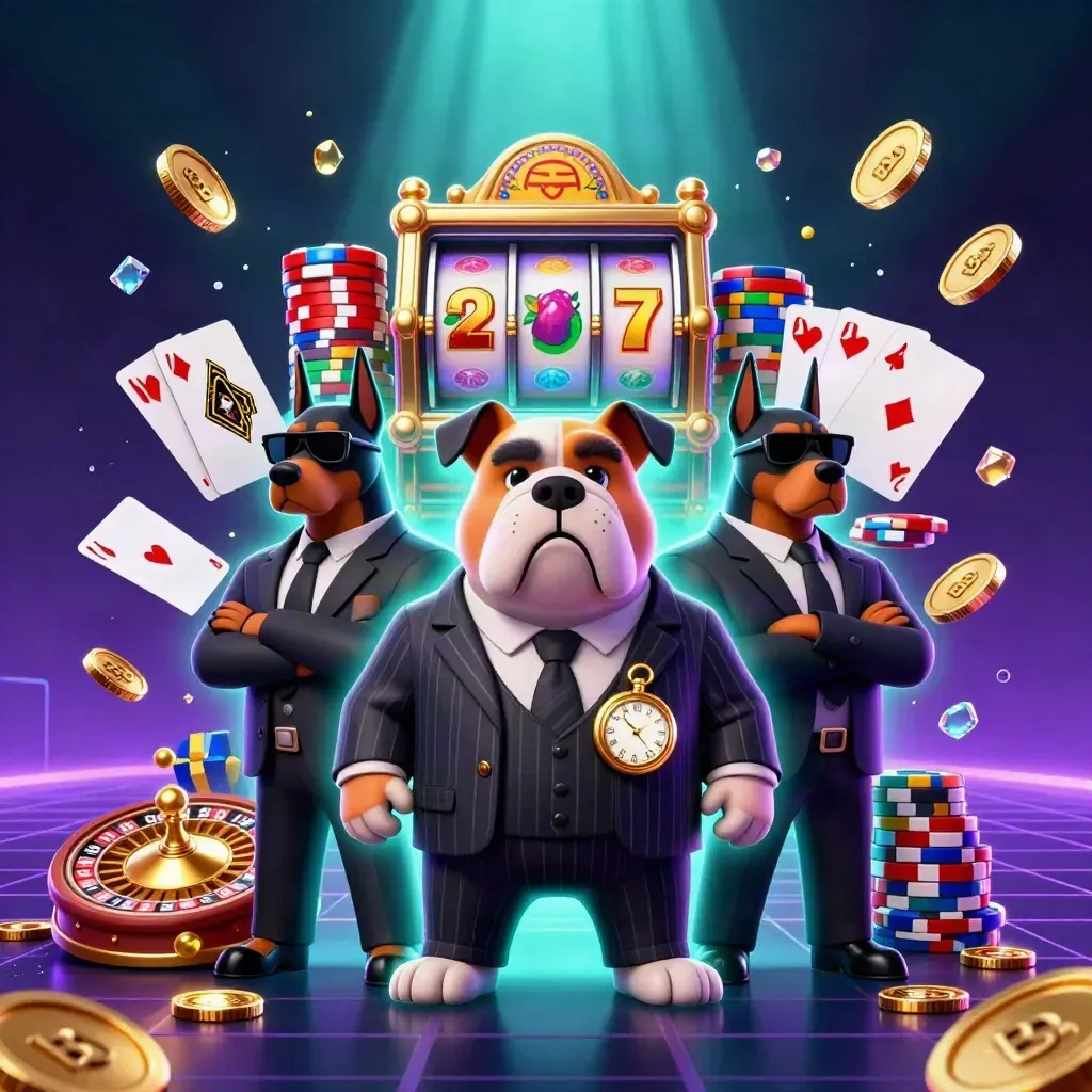Cartoon bulldog boss with two Doberman guards amid casino chips, cards, coins and neon glow.