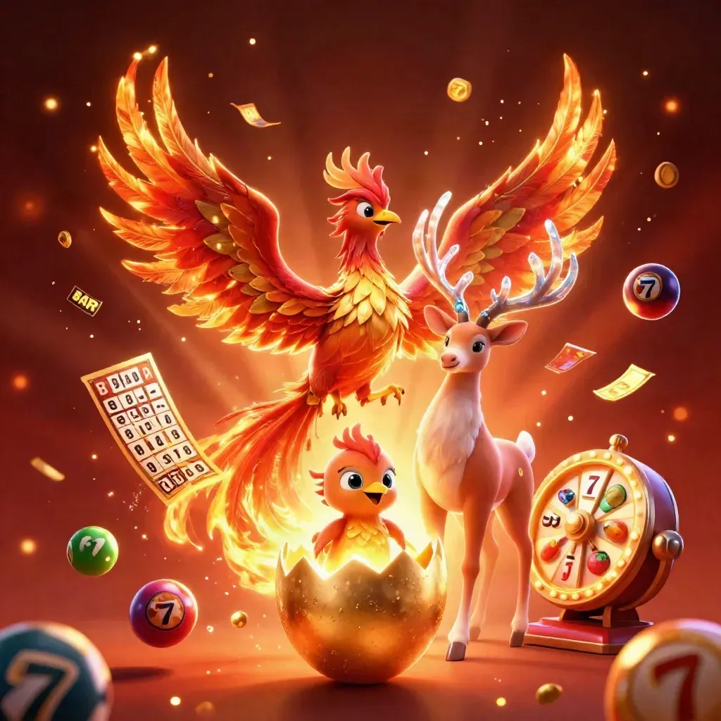 Fiery phoenix, hatching baby, and crystal-antler stag amid casino reels and jackpot sparks