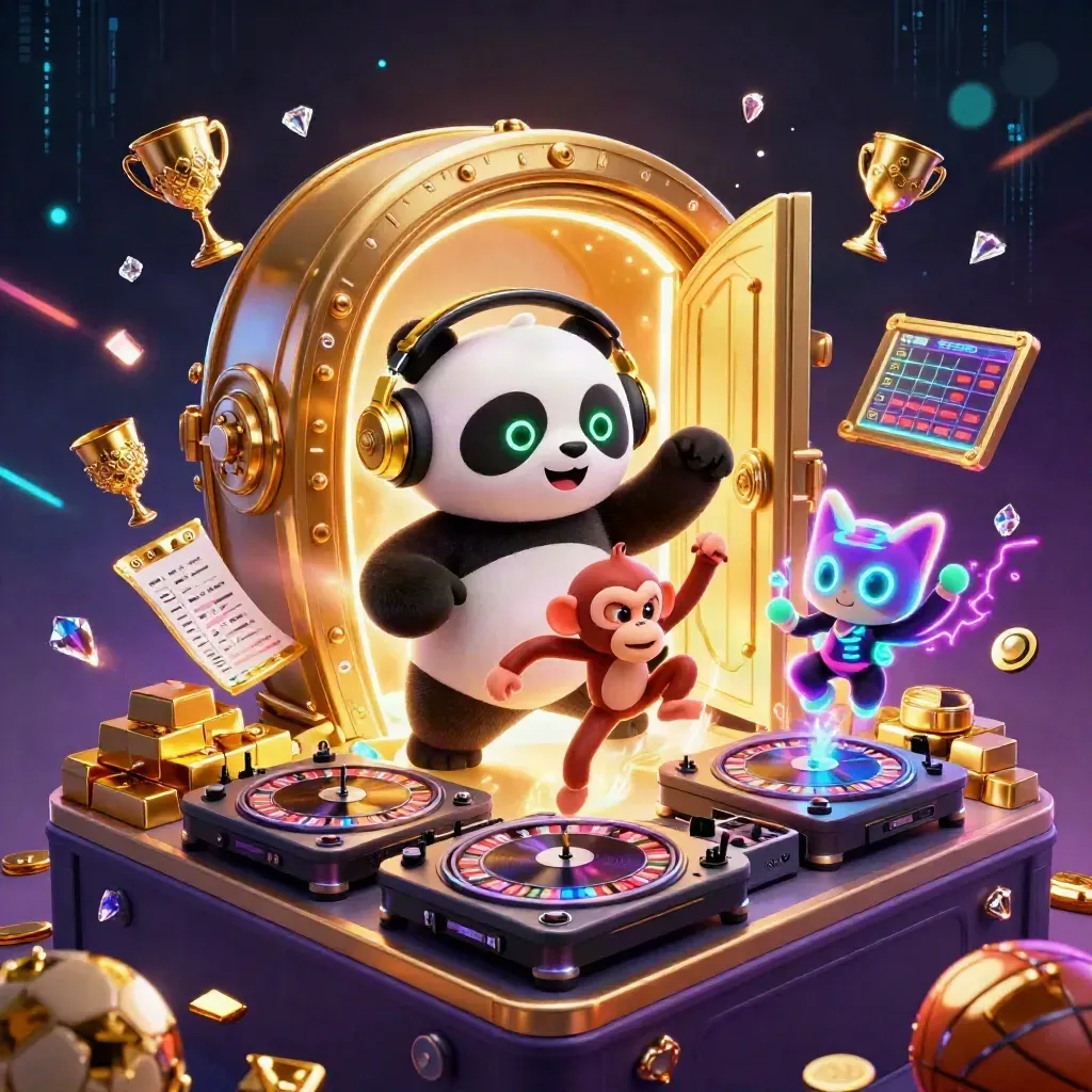 Neon casino mascots dancing around an open gold vault with sports props and glowing treasure