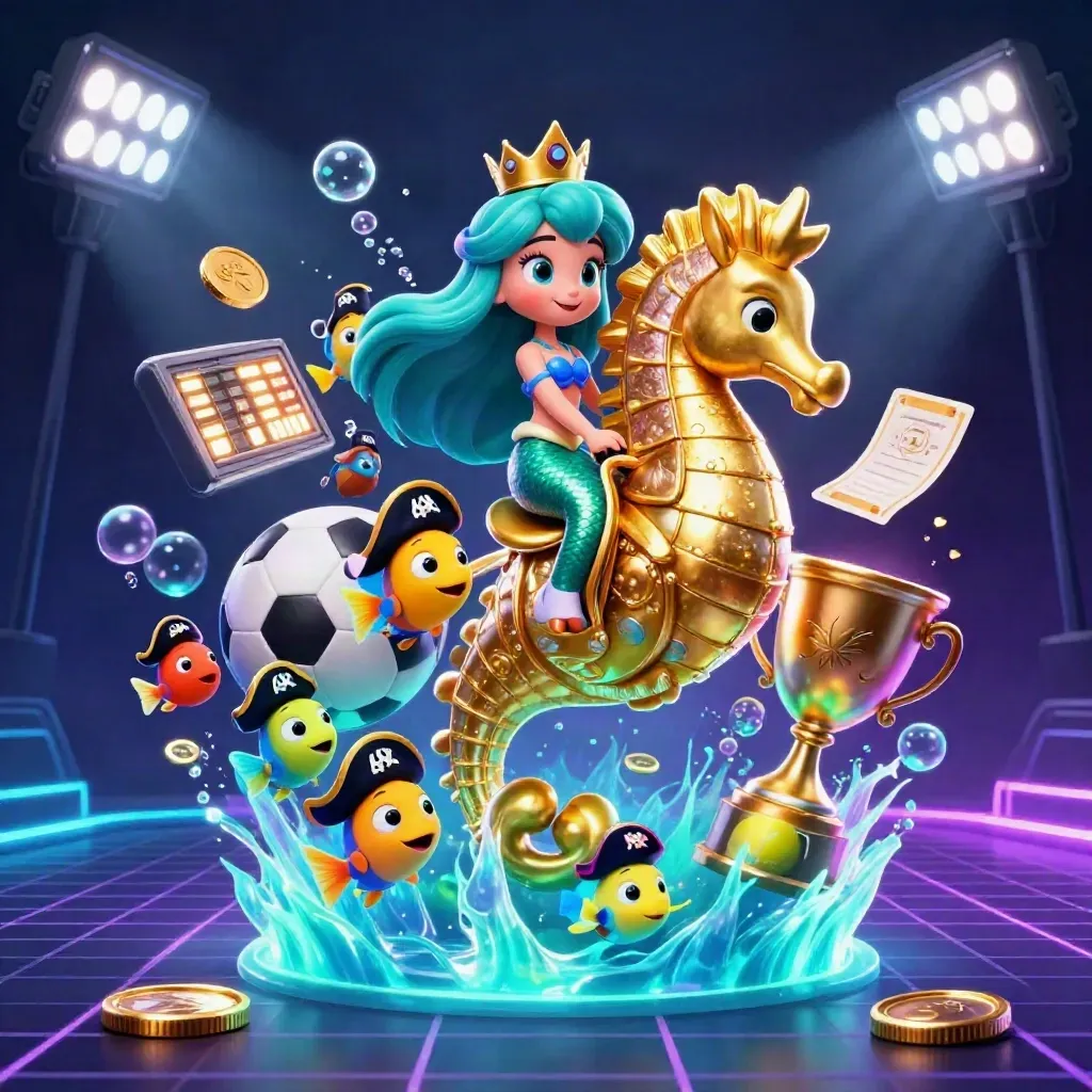 Mermaid princess on a golden seahorse amid pirate fish, sports balls, coins, and neon casino glow.
