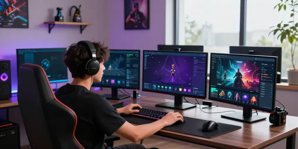 Exciting gaming scene in a digital environment showcasing situs singatoto on multiple monitors during gameplay.