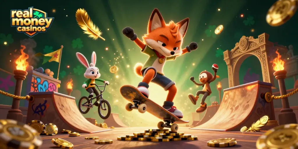 Experience thrilling gameplay at real money casinos with exciting characters and elements in a vibrant scene.