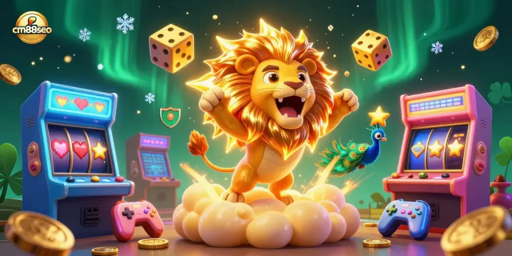 Spin the reels at cm88seo featuring a roaring lion, glowing dice, and vibrant casino elements.
