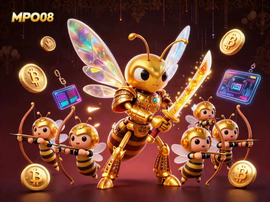 MPO08 showcases a vibrant 3D casino scene featuring a golden hornet in samurai armor and bee archers, perfect for engaging gamblers.